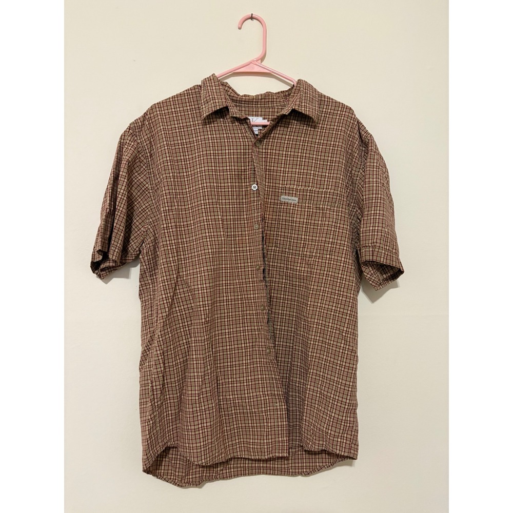 Calvin Klein Jeans Mens XL Short Sleeve Button Down Shirt Brown Plaid Cotton